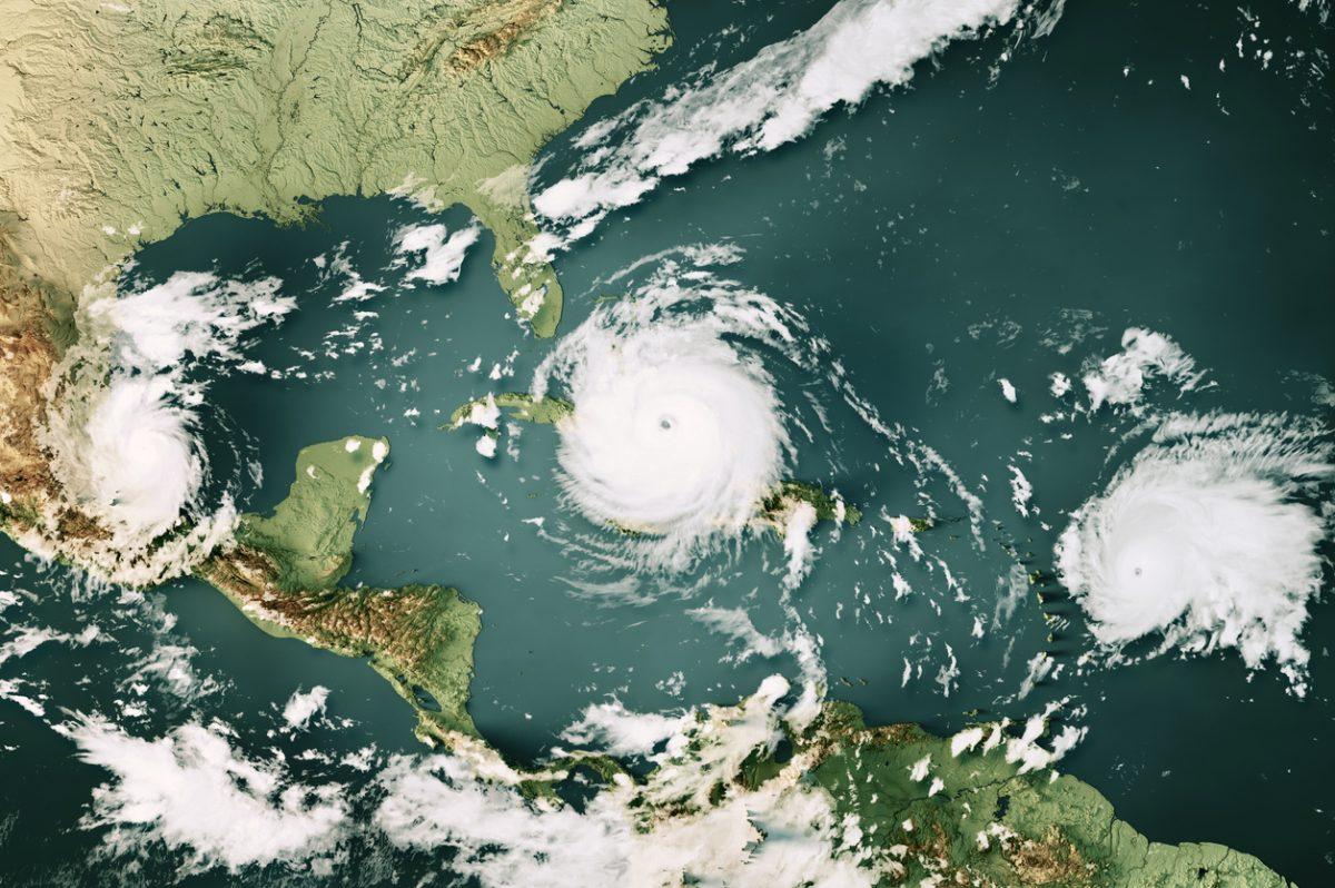 3D Render of a Topographic Map of the Caribbean Sea with the clouds from September 08, 2017.
Three Major Hurricanes on a single day: Hurricane Katia, Hurricane Irma and Hurricane Jose (from left to right).
All source data is in the public domain.
Cloud texture: Global Imagery Browse Services (GIBS) courtesy of NASA, VIIRS data courtesy of NOAA.
https://www.earthdata.nasa.gov/eosdis/science-system-description/eosdis-components/gibs
Color texture: Made with Natural Earth.
http://www.naturalearthdata.com/downloads/10m-raster-data/10m-cross-blend-hypso/
Relief texture: GMTED 2010 data courtesy of USGS. URL of source image:
https://topotools.cr.usgs.gov/gmted_viewer/viewer.htm
Water texture: SRTM Water Body SWDB: https://dds.cr.usgs.gov/srtm/version2_1/SWBD/
