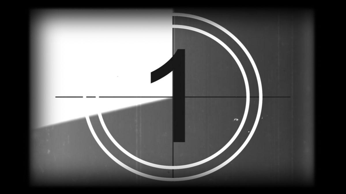 3D rendering of a monochrome universal countdown film leader. Countdown clock from 10 to 0. Effect of old film rolling with details, scratches, lines, dirt, markers and film grain
